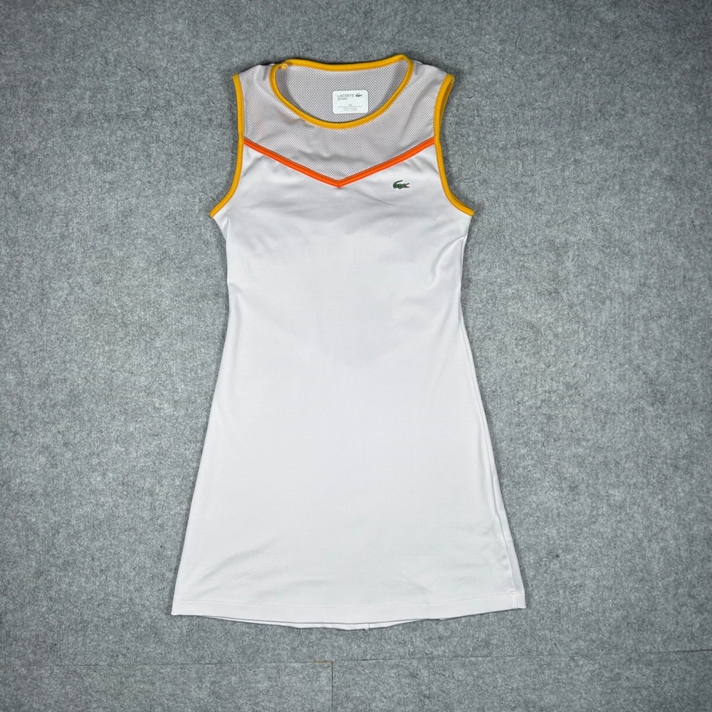 Lacoste Sport Tennis Dress Womens 36 White Orange Yellow Mesh Racerback Active